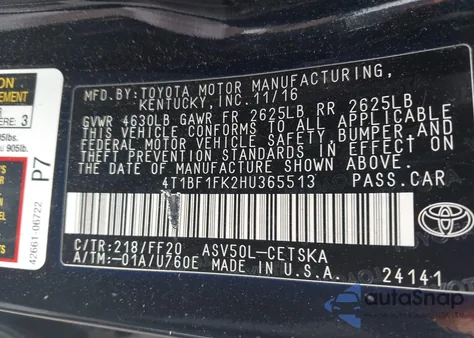 2017 Toyota Camry Se из США, поврежденный, VIN 4T1BF1FK2HU365513